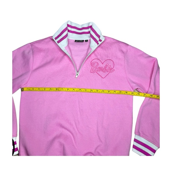 Barbie Cozy Fleece Lined Zip Up Varsity Sweater w Pink Stripe sz small - Picture 3 of 6